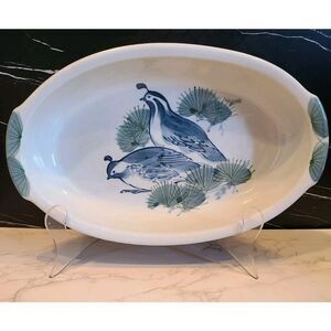Handpainted Ceramic Large Oval Serving Dish Handmade Signed Two Quails Blue EUC